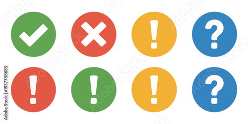 Collection of round icons with checkmark, cross, exclamation mark, and question mark in various colors.