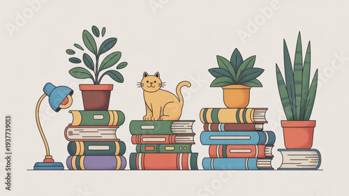 Whimsical cat sitting on colorful stacked books surrounded by plants and a lamp in a cozy reading nook atmosphere