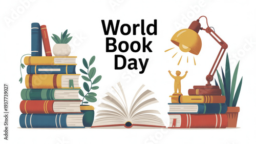 World book day celebration with books lamp and plants on white background symbolizing reading and learning