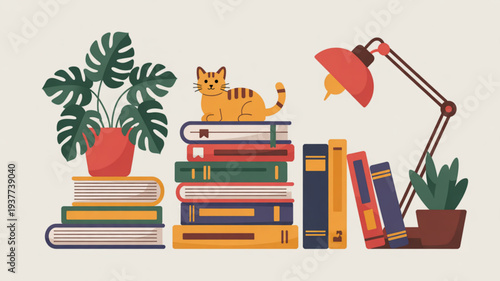 Whiskered feline perches on stacked books beside plants and desk lamp on beige background