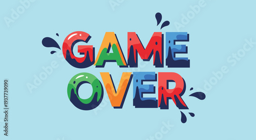 Bold game over text in vibrant melting colors with splashes is designed as a fun end-screen graphic for video games on light blue.