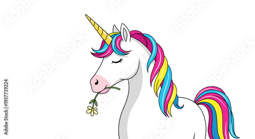 Beautiful white unicorn with a vibrant pink and blue rainbow mane is holding a small daisy flower in its mouth on white.