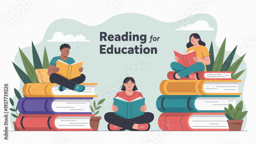 Three people reading books on stacks of colorful books for education and learning