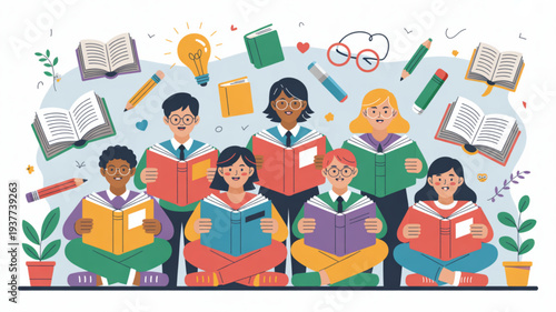 Diverse group of students reading books surrounded by educational supplies and plants in a colorful illustration