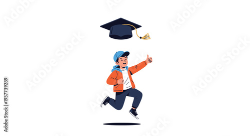 Happy young boy jumping for joy with a graduation cap floating above his head to celebrate academic achievement.