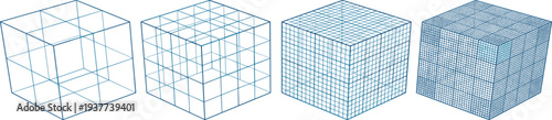 Wireframe cubes transitioning to solid cubes in a row from transparent to opaque blue, viewed from the front