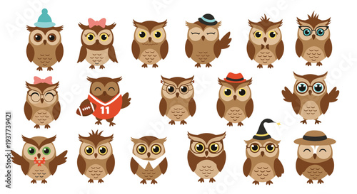 Collection of diverse cute cartoon owls with different expressions and accessories like hats and glasses on white.