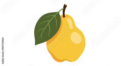 Single yellow pear with a green leaf and brown stem isolated on a solid white background in a simple vector style.