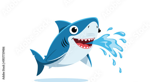 Playful cartoon blue shark splashing water with a happy smile and open mouth isolated on a plain white background.