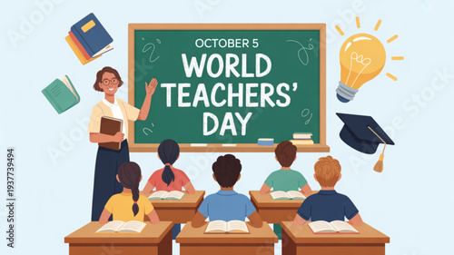 Teacher educating students in classroom on world teachers' day october 5 with blackboard desks and graduation elements