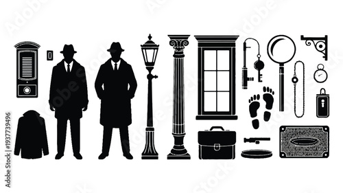 black and white illustration of detective and crime scene investigation elements