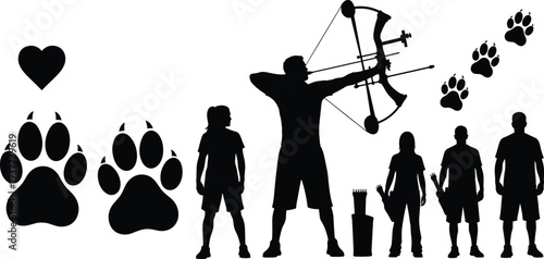 Family archery adventure silhouettes, bow hunter with children, paw prints love wildlife outdoor sport vector illustration design concept