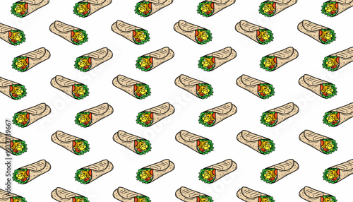 Shawarma Seamless Pattern. Middle Eastern Wrap Food Doodle Background. Hand Drawn Shawarma Vector Illustration.