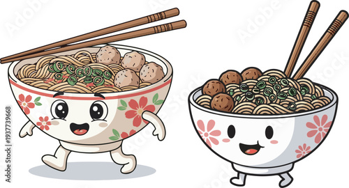 Cute Cartoon Noodle Bowls with Meatballs and Chopsticks Vector