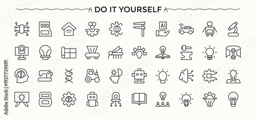 Diy Crafts icon set. Modern vector illustration. Pixel perfect. Editable vector. Diy Crafts icon collection. Pack of equipment, paint, hand-made, creative, workshop and more.