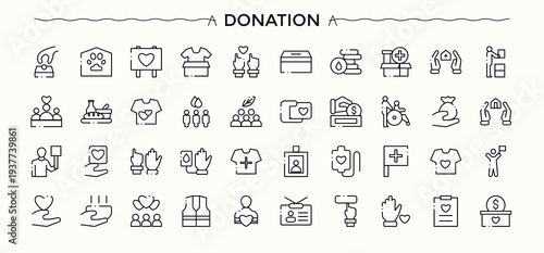 Donation line icon set. Volunteer linear icon collection. Contains such symbols as cooperation, assist, help, donate, charity, humanitarian and more. Editable vector art and illustration.