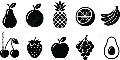 Fruit silhouettes icons set including apple banana pineapple orange pear cherry strawberry grape avocado vector illustration collection