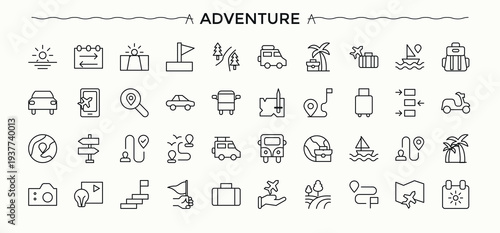 Adventure icon set. Hiking icon set. Vector icons collection. Containing camp, climbing, journey, climb, exploration, camping and more. Vector illustration. Pixel perfect.