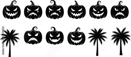 Halloween pumpkin faces and tropical palm tree silhouettes set, spooky jack o lantern vector illustration for holiday design