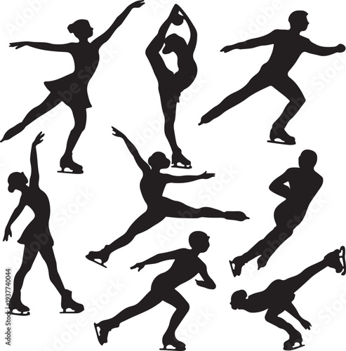 Figure skating silhouette ice skater poses and jumps