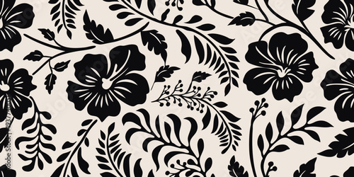 Black floral pattern on a light beige background repeating design