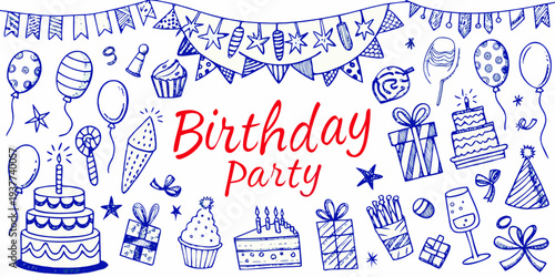 Hand drawn birthday party illustration with colorful decorations and treats