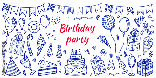 Hand drawn birthday party elements balloons cake gifts and festive decorations