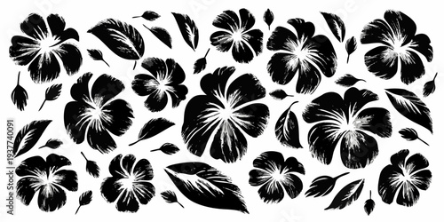 Stylized black and white floral pattern with hibiscus like blooms