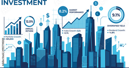 Cityscape Investment Growth Illustration Featuring Skyscrapers and Financial Data Charts