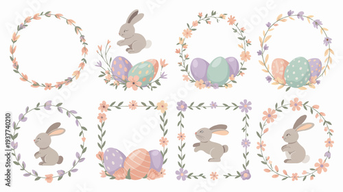 Easter bunny illustrations with floral wreaths and eggs on white background for spring decoration