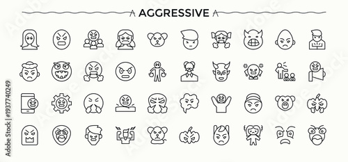 Aggressive line icon set. Reaction icon set in linear style. Minimalist linear icons. Related to angry, aggression, offensive, attack, reaction and more. Editable vector.