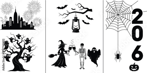 Halloween silhouettes collection with haunted tree, witch skeleton ghost bats spider web city fireworks lantern vector illustration