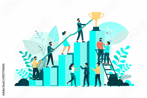 Teamwork and success people climbing stairs toward a golden trophy