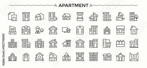 Apartment icon set. Includes thin line symbols estate, building, house, skyscraper, construction and more. Apartment icon pack. Perfect for logos and infographic. Editable stroke. Vector collection.