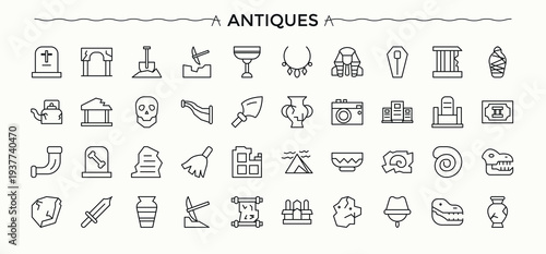 Set of Antiques line icon. Featuring museum, history, archaeologic, art, exhibit and more. Art line icon set. Editable stroke. Vector collection.