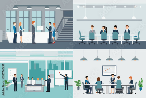 Modern office scenes depicting reception meetings and presentations