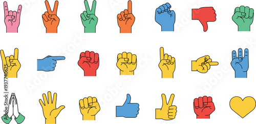 Colorful Hand Gesture Vector Icon Set Featuring Peace Sign, Thumbs Up, Fist, Pointing, Prayer, Love Heart, and Communication Symbols
