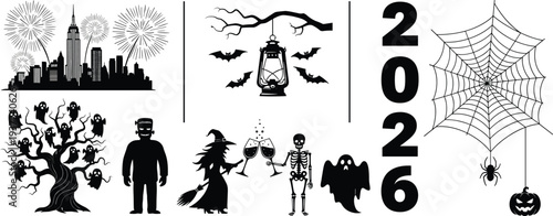 Halloween spooky vector set with ghosts witch skeleton bats spider web haunted tree and 2026 text illustration