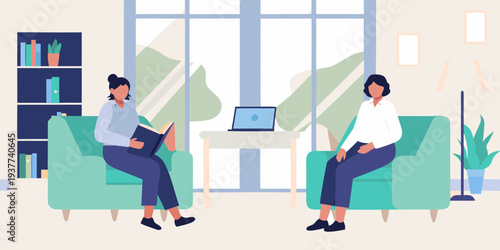 Two women are seated in a modern living room discussing something