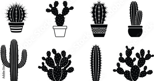 Minimal cactus plants in pots silhouettes set, desert succulent botanical vector illustration isolated on black background