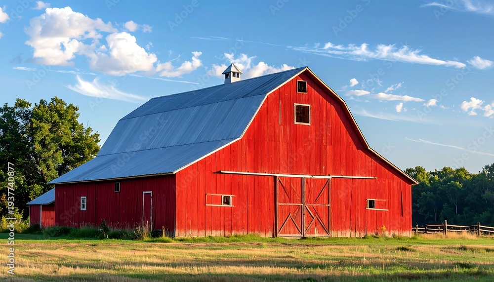 Obraz premium Rustic red barn stands tall under a blue sky dotted with fluffy white clouds in the countryside