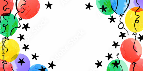 Colorful balloons and stars create a festive celebratory border
