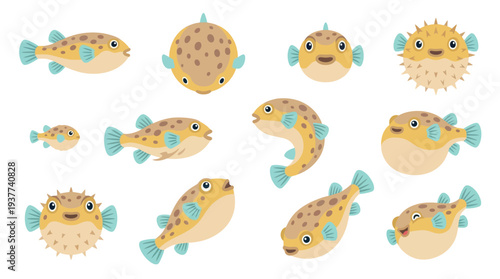 Collection of cute cartoon pufferfish illustrations in various poses and expressions, showcasing their unique round shape and spiky defense mechanism when inflated.