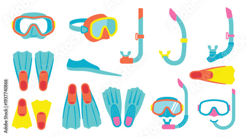 A vibrant collection of snorkeling and diving equipment, including masks, snorkels, and fins, displayed against a clean white background.