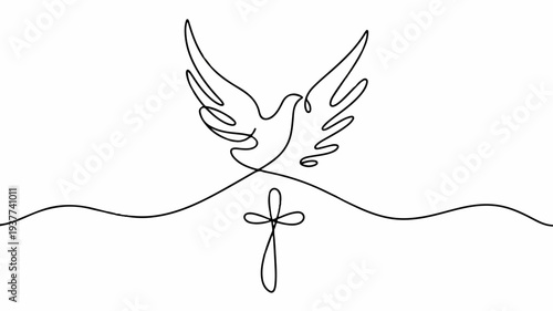 Dove flying over cross symbol on wavy line representing peace and spirituality in a simple line art style