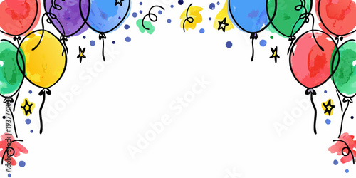 Colorful balloons and confetti create a festive celebration border