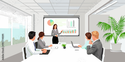 Business presentation in a modern conference room with attentive audience