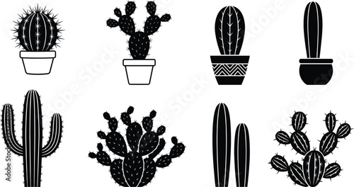 Minimal cactus plants in pots set, desert succulent silhouettes collection isolated on black background vector illustration