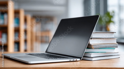 Modern laptop rests on a wooden desk next to a stack of books in a library setting