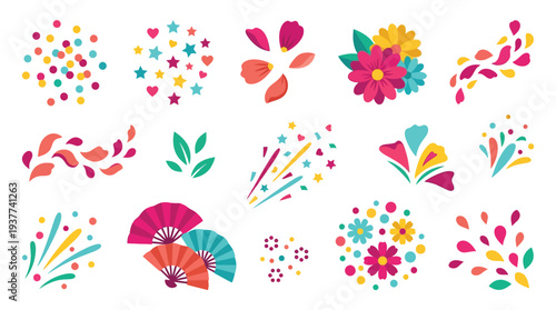 A vibrant collection of colorful festive elements including confetti, flowers, leaves, fans, and abstract shapes, perfect for celebrations and decorations.